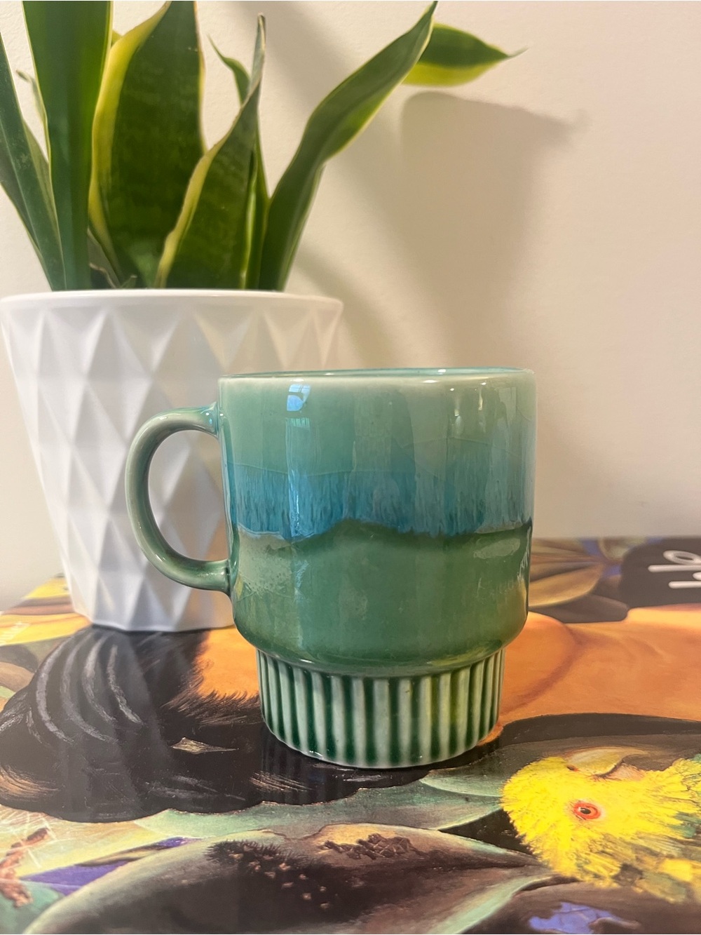 MCM Stackable Single Mug - Two-Tone Green Ceramic Coffee Mug with Ribbed Base